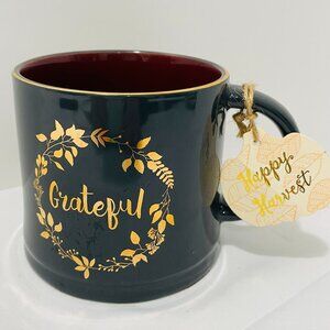 NEW HAPPY HARVEST GRATEFUL 16oz MUG GLOBAL DESIGN CONNECTIONS GRAY/GOLD/BURGUNDY